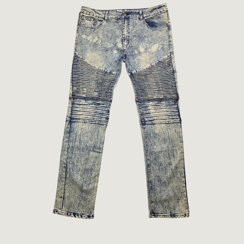 Denim & Rivets Mens 38 Moto Biker Jeans Acid Wash Ribbed Distressed Slim DR4062